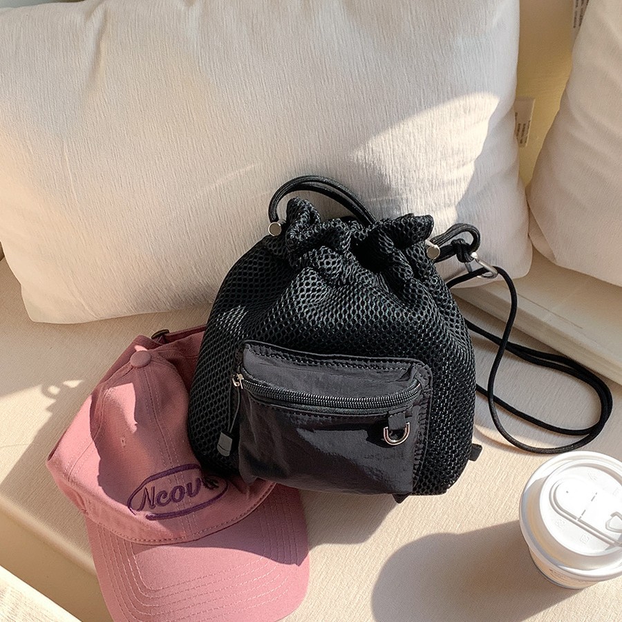 Small Mesh Drawstring Bucket Bag Shoulder Bag